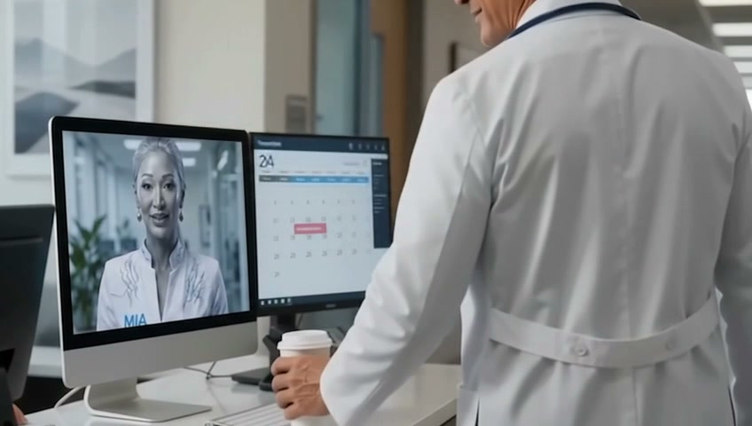 MIA assisting a doctor beside an appointment calendar